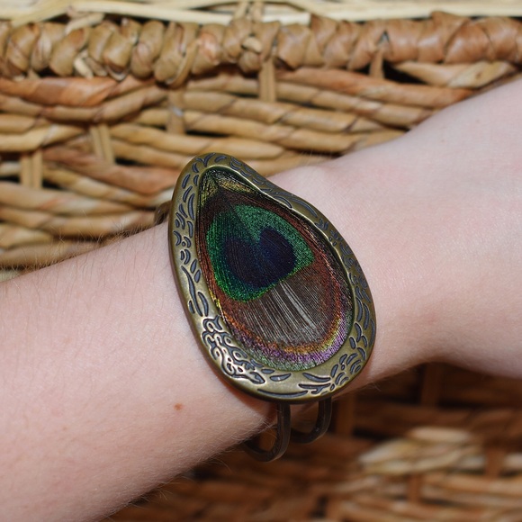 Jewelry - BOHO Bronze Peacock Feather Cuff Bracelet Vintage